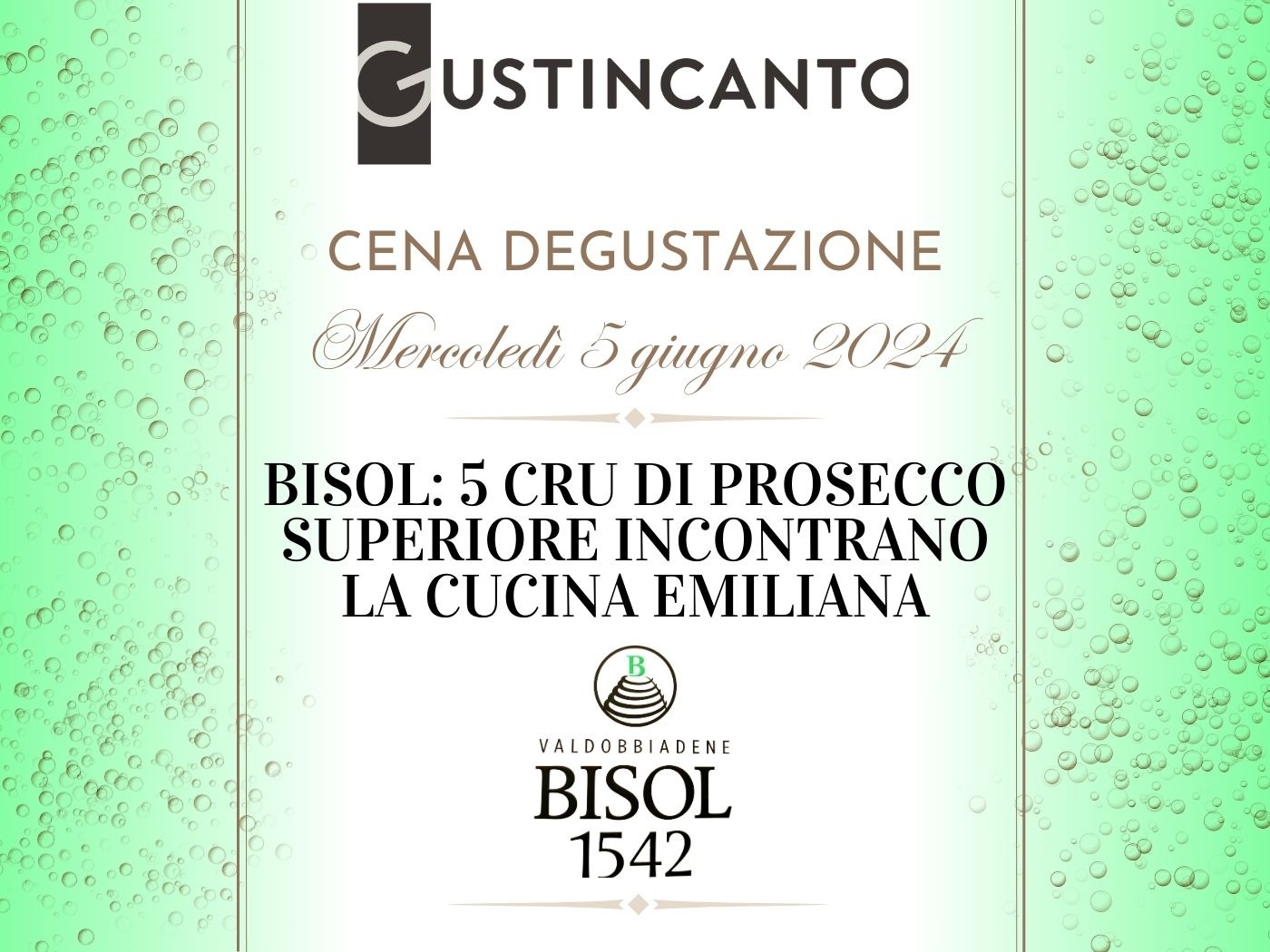 Cena degustazione: Bisol, 5 Cru di Prosecco in abbinamento alla cucina emiliana